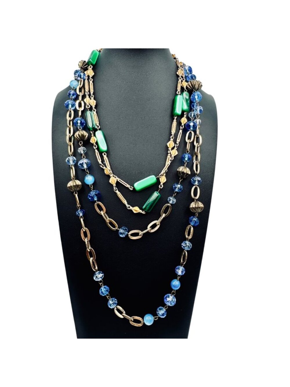 Vintage Station Bead Necklaces Green Blue Glass Beads Gold Tone 36" 48" 1960s - Picture 1 of 6